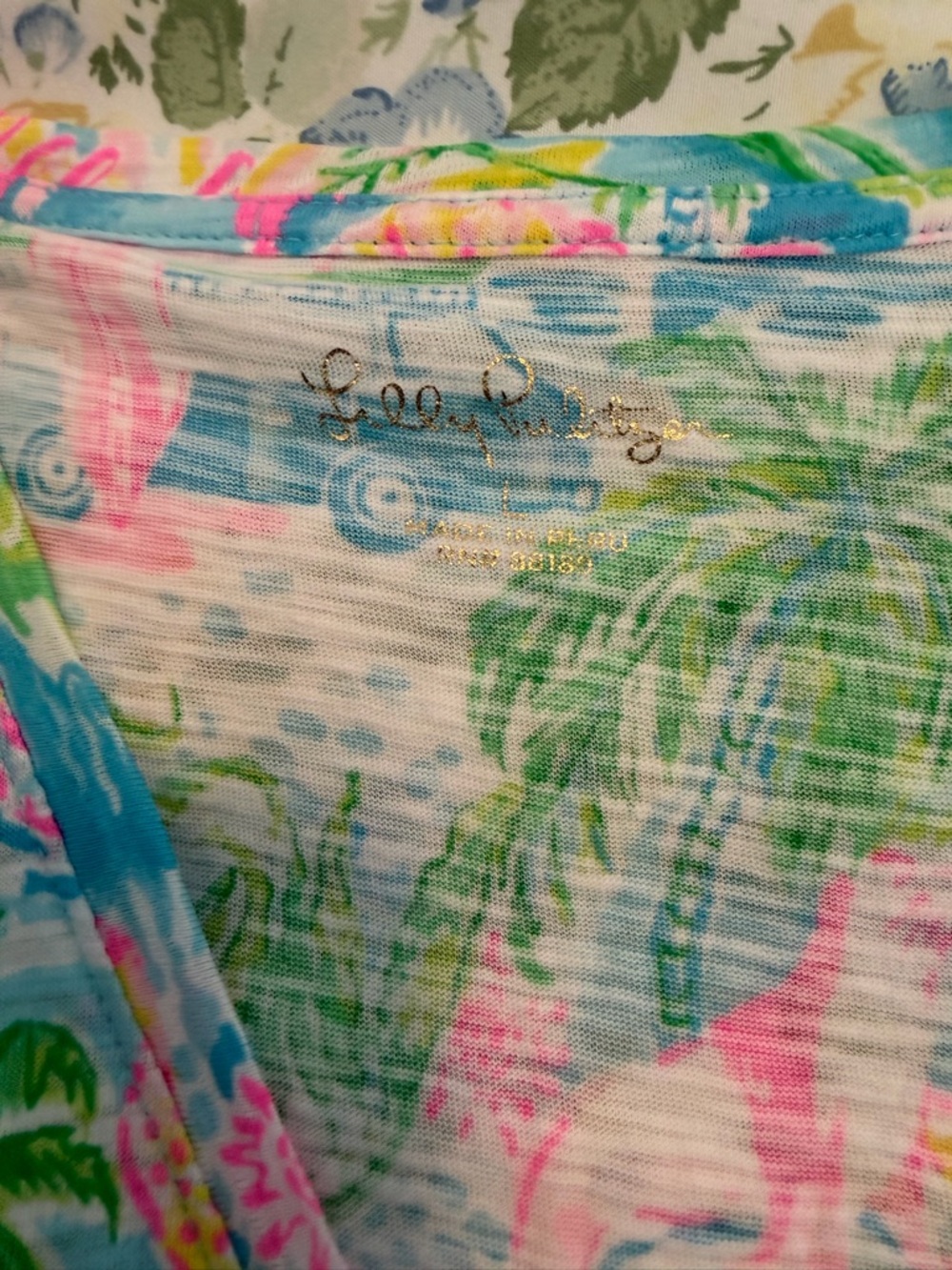 Lilly Pulitzer Etta Tropical V-Neck Tee with Pink & Green Palm Print - Picture 2 of 4